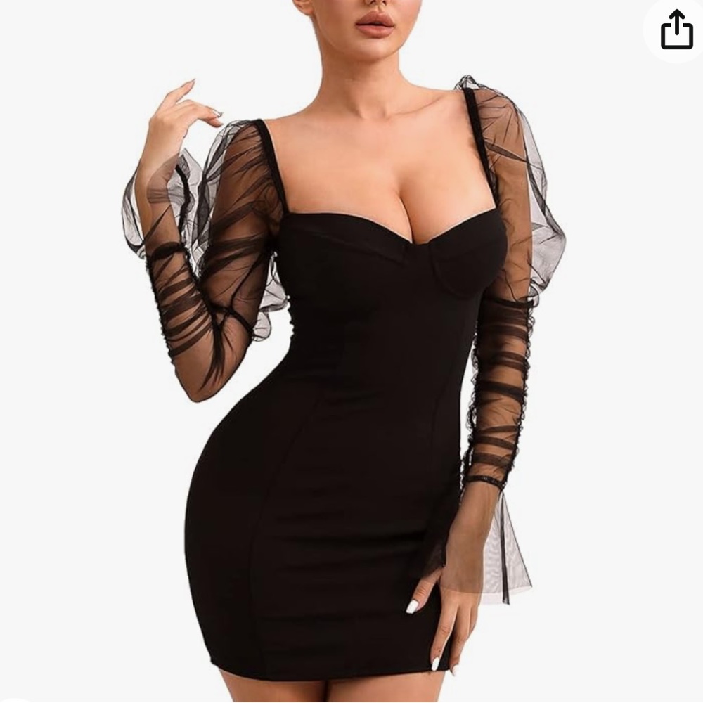 L'VOW Mesh Sheer Puff Long Sleeve Dress Bodycon